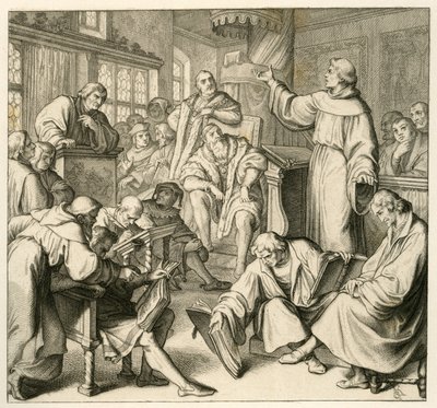 Marcin Luter w rozmowie z dr. Johannes Eck (Johann Maier von Eck) (1486-1543), po stronie Lutra znajduje się Philipp Melanchthon (1497-1560) i Karlstadt (Andreas Rudolf Bodenstein von Karlstadt autorstwa Gustav Ferdinand Leopold Konig