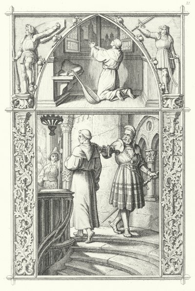 Marcin Luter w modlitwie, przygotowując się do sejmu robaczego (u góry). Georg von Frundsberg zachęca Marcina Lutra (na dole) (rycina) autorstwa Gustav Ferdinand Leopold Konig