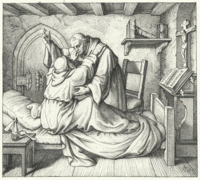 Marcin Luter jest pocieszany przez kolegę mnicha podczas jego duchowej udręki w klasztorze (rycina) autorstwa Gustav Ferdinand Leopold Konig