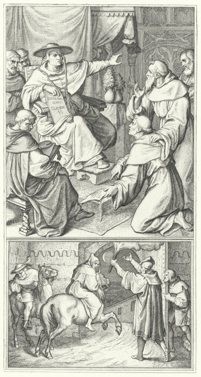 Marcin Luter opuszcza legata papieskiego w Wittenberdze Thomas Cajetan (u góry). Marcin Luter opuszcza miasto Augsburg (na dole) (rycina) autorstwa Gustav Ferdinand Leopold Konig