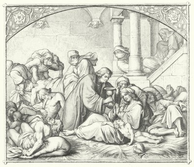 Marcin Luter oferujący pocieszenie cierpiącym na zarazę (rycina) autorstwa Gustav Ferdinand Leopold Konig