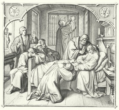 Marcin Luter modli się przy łożu śmierci Filipa Melanchtona (rycina) autorstwa Gustav Ferdinand Leopold Konig