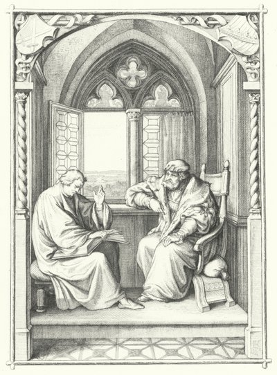 Marcin Luter czyta z Biblii Janowi, elektorowi Saksonii (rycina) autorstwa Gustav Ferdinand Leopold Konig