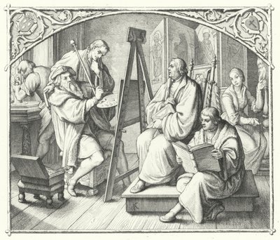 Marcin Luter siada do obrazu Lucasa Cranacha Starszego (grafika) autorstwa Gustav Ferdinand Leopold Konig