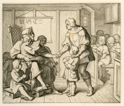 Na tej ilustracji zapis Marcina Lutra do szkoły w Mansfield wraz z ojcem Hansem autorstwa Gustav Ferdinand Leopold Konig