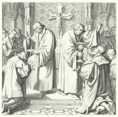 Komunia święta ukazana zarówno w formie protestanckiej, jak i katolickiej (rycina) autorstwa Gustav Ferdinand Leopold Konig