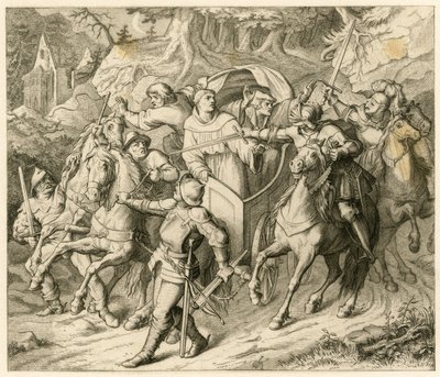 Porwanie Marcina Lutra w drodze powrotnej – 1521 – przez Hauptmanna von Berlepscha i Burkharda Hunda, z powodu bulli ekskomuniki papieża i wyjęcia cesarza spod prawa autorstwa Gustav Ferdinand Leopold Konig