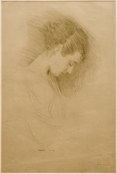 Portret w połowie długości przedstawiający dziewczynę z głową pochyloną w prawo autorstwa Gustav Klimt