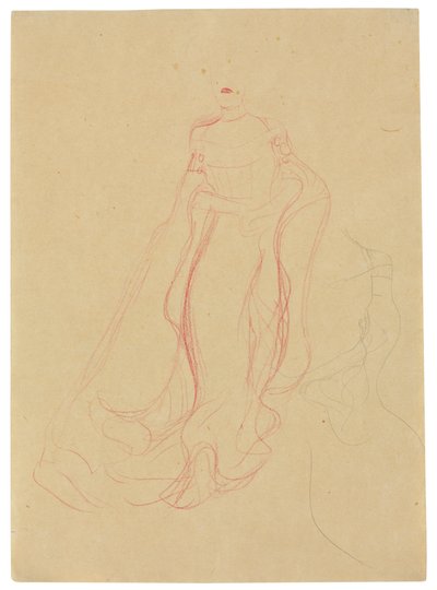 Studium kostiumu z zaciśniętymi dłońmi, powtórzenie prawej strony, ok. 1903-04 (kolorowa kredka woskowa i ołówek na cienkim papierze) autorstwa Gustav Klimt