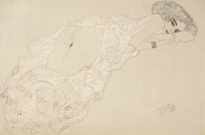 Leżąca nago, leżąca na brzuchu i zwrócona w prawo autorstwa Gustav Klimt