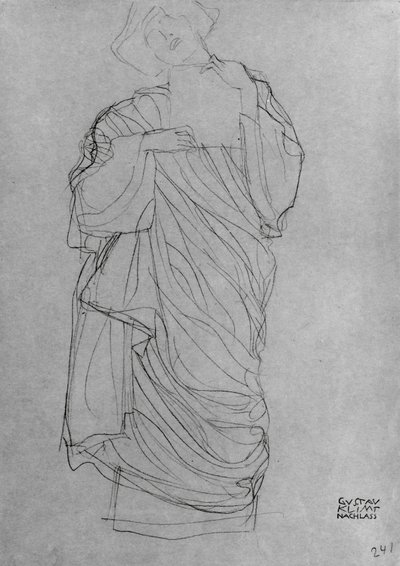 Stojąca w szacie kobieta trzymająca kartę, (ołówek na brązowym papierze) autorstwa Gustav Klimt