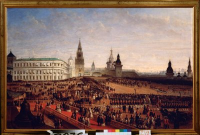 Parada wojskowa podczas koronacji cesarza Aleksandra II (1818-1881) na Kremlu moskiewskim, 18 lutego 1855. Obraz Gustava Schwarza (ok. 1800 po 1855), olej na płótnie autorstwa Gustav Schwarz