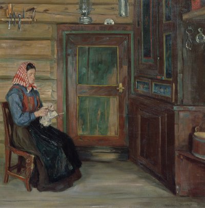 Wnętrze rolnika z dziewiarską kobietą autorstwa Gustav Wentzel