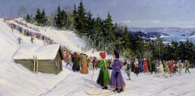 Zawody narciarskie w Fjelkenbakken (olej na płótnie) autorstwa Gustav Wentzel