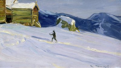 Zimowy wieczór w Vaga z narciarzem (olej na płótnie) autorstwa Gustav Wentzel