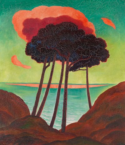 Sosny z czerwoną chmurą 1909. autorstwa Gustav Wunderwald