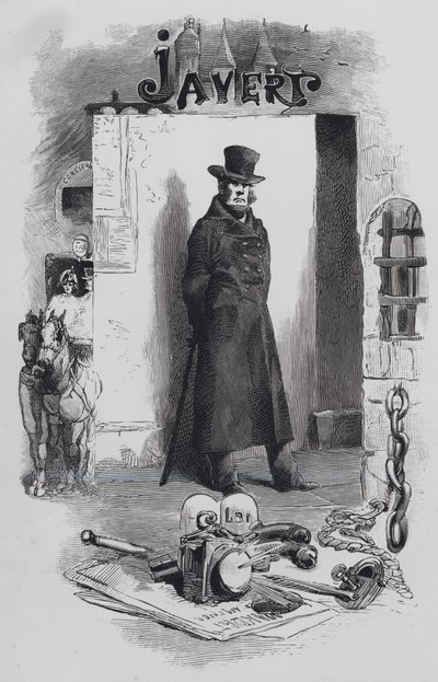 Scena z Les Miserables, autorstwa Victora Hugo: detektyw Javert (rycina) autorstwa Gustave (after) Brion