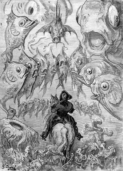 Okręt podwodny z „Przygód barona Munchausena” Rudolpha Ericha Raspe, rycina Stephane Pannemaker (1847-1930) c.1868 (rycina) autorstwa Gustave (after) Dore