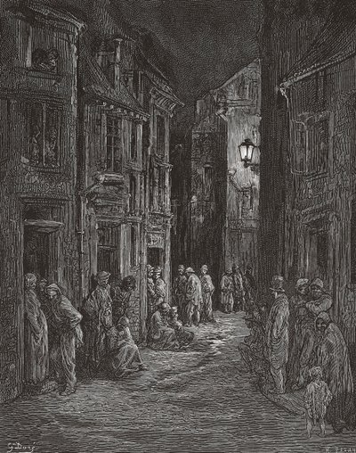 Slumsy Bluegate Fields w Londynie w XIX wieku. (wydrukować) autorstwa Gustave (after) Dore