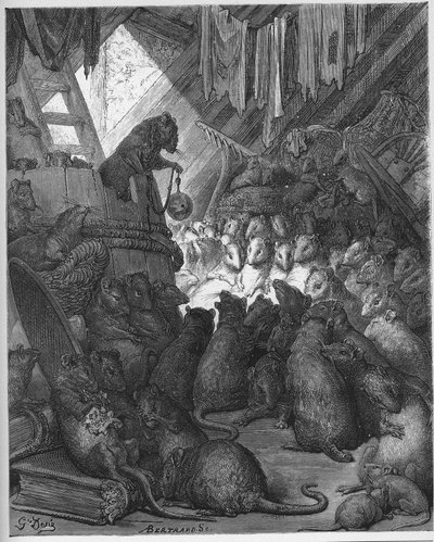 Rada w rękach szczurów - Myszy w Radzie - z "Bajek" Jeana de La Fontaine (Lafontaine) (1621-95) - rycina wg Gustave