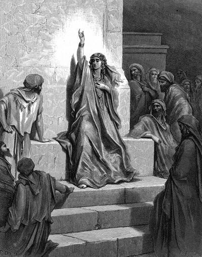 Debora, hebrajska prorokini, która wyzwoliła swój lud z rąk Jabina, króla Kanaanu, i jego generała Sysery, śpiewając pieśń triumfu. Sędziowie 5:1. XIII wiek p.n.e. Z ilustrowanej Biblii Gustave