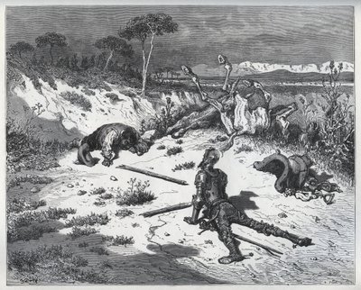Moralizowanie Don Kichota o niewdzięczności - z „Don Kichota z Manchy” Miguela Cervantesa (1547-1616) (Don Kichota) - Drzeworyt wg rysunku Gustave