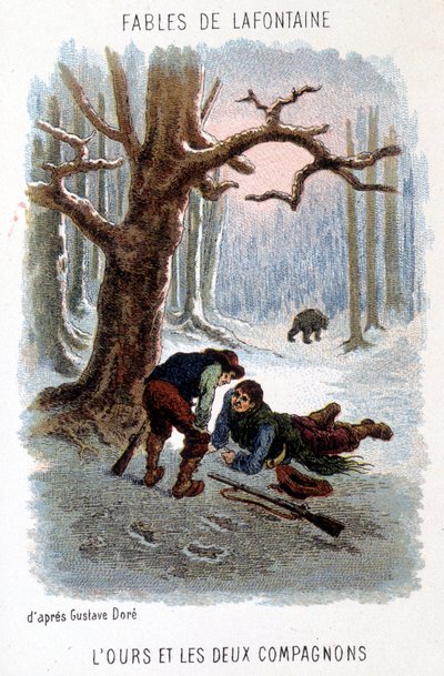 Ilustracja „Niedźwiedź i dwaj towarzysze””, bajka La Fontaine