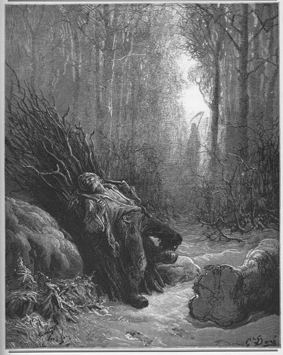 La Mort et le bucheron - Śmierć i drwal - z "Bajek" Jeana de La Fontaine (Lafontaine) (1621-95) - rycina wg Gustave