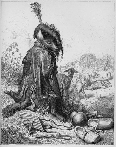 Le loup devenu berger - Wilk, który grał pasterza - z "Bajek" Jeana de La Fontaine (Lafontaine) (1621-95) - rycina wg Gustave