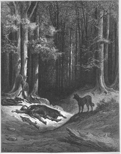 Le loup et le chasseur - Wilk i myśliwy - z "Bajek" Jeana de La Fontaine (Lafontaine) (1621-95) - rycina wg Gustave