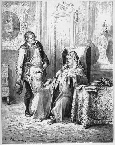 Le cobbler et le financier - Szewc i finansista - z "Bajek" Jeana de La Fontaine (Lafontaine) (1621-95) - rycina wg Gustave