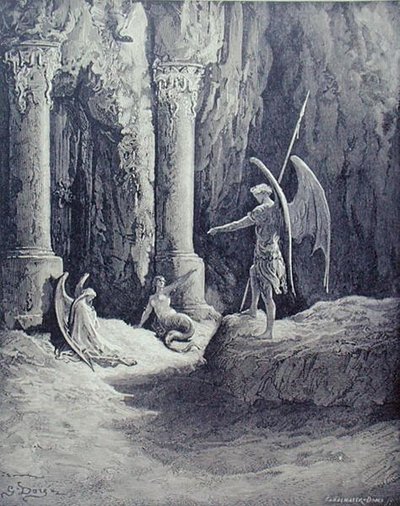 Szatan u bram piekieł, z księgi II „Raj utracony”, ryty przez Stephane Pannemakera (1847-1930) c.1868 (rycina) autorstwa Gustave (after) Dore