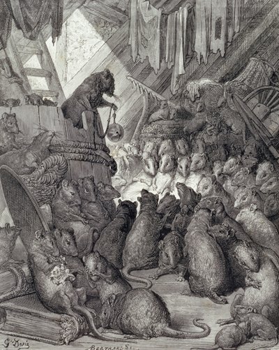 Rada trzymana przez szczury, z bajek La Fontaine, wyryte przez Antoine Valerie Bertrand (ur. 1823) c.1868 (grawerowanie) autorstwa Gustave (after) Dore