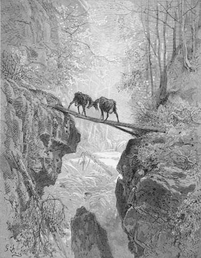 Dwie kozy z „Bajek” La Fontaine, sztych. A. Ligny, ok. 1868 (rycina) autorstwa Gustave (after) Dore