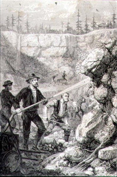 Poszukiwanie złota w Kalifornii w latach 60. XIX wieku, rytowane przez Felixa Jeana Gaucharda (1825-72) (grafika) autorstwa Gustave Adolphe (after) Chassevent Bacques