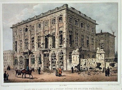 Cafe Amitie i Old Hotel du Prince Frederic, Bruksela, po walkach 23-26 września 1830 r., ryt Jean Baptiste Madou (1796-1877) (kolorowa rycina) autorstwa Gustave Adolphe (after) Simoneau