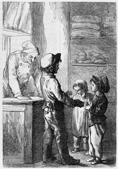Gavroche daje chleb dzieciom - w „Les Miserables” Victora Hugo, chor. przez Briona, wyd. Hetzel i Lacroix autorstwa Gustave Brion
