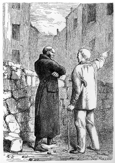 Jean Valjean się zemści, ilustracja z „Les Miserables” Victora Hugo (1802-1885) sztychowana przez Julesa Perrichona (1836-97) autorstwa Gustave Brion