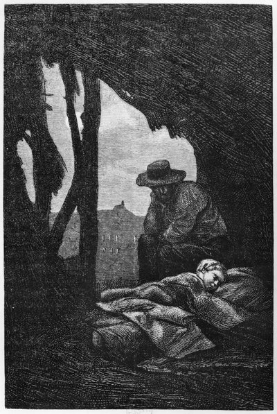 Jan Valjean czuwający nad śpiącą Cosette, ilustracja z „Les Miserables” Victora Hugo autorstwa Gustave Brion
