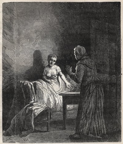 Marguerite wchodzi do pokoju Fantine, a Fantine pokazuje mu dwóch Napoleonów (moneta), którzy mogą uratować Cosette, jego córkę - Ilustracja Gustave