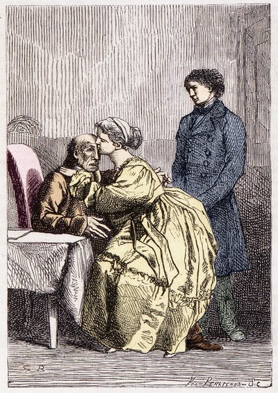 Marius i Cosette odwiedzają chorego Jana Valjeana - w „Les Misérables” Victora Hugo, ch. przez Briona, wyd. Hetzel i Lacroix autorstwa Gustave Brion