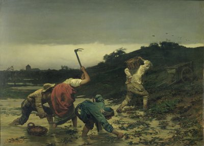 Chłopi zbierający ziemniaki podczas wylewu Renu w 1852 r. autorstwa Gustave Brion