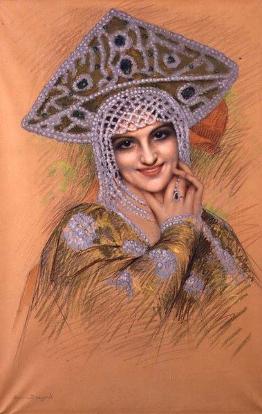 Młoda kobieta w perłowym nakryciu głowy (pastel na papierze) autorstwa Gustave Brisgand
