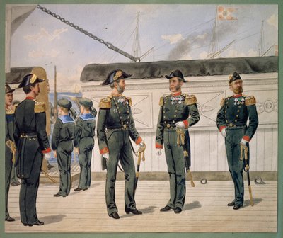 Oficerowie duńskiej marynarki w mundurach. Akwarela Gustava Brocka autorstwa Gustave Brock