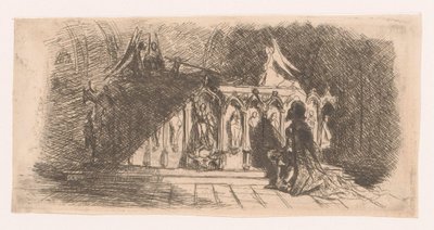 Mężczyzna klęka przed gotyckim grobowcem autorstwa Gustave Buschmann
