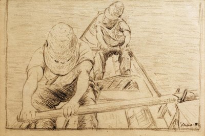 Kajakarze wiosłujący po Yerres autorstwa Gustave Caillebotte