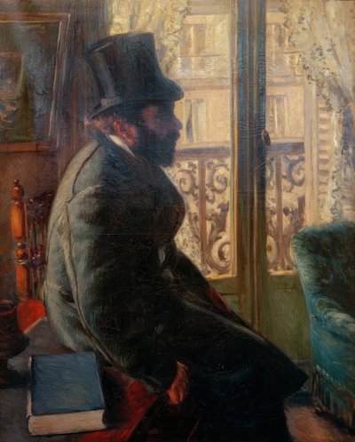 Mężczyzna w kapeluszu, siedzący przy oknie autorstwa Gustave Caillebotte