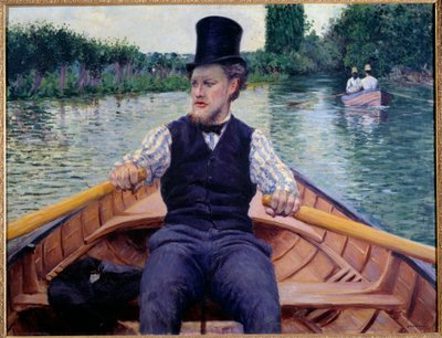 Część łodzi. Mężczyzna w wysokim kapeluszu wiosłujący w łodzi. Obraz Gustave Caillebotte (1848-1894) autorstwa Gustave Caillebotte