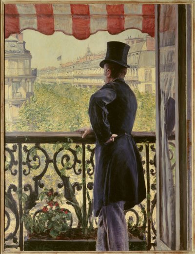 Mężczyzna na balkonie Elegancki mężczyzna w cylindrze spoczywa na balustradzie balkonu na wielkich paryskich bulwarach. Obraz Gustave