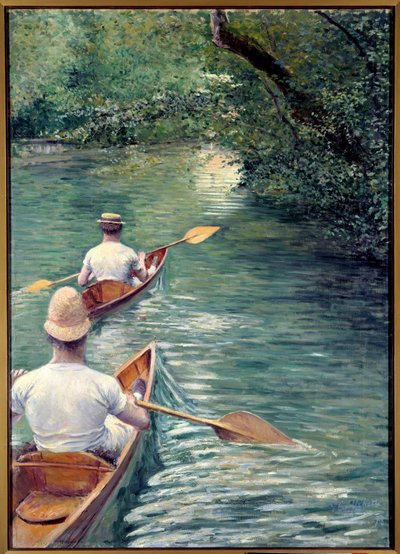 Perissoires. Para spacerująca w wodzie w perissoires, rodzaj kajaka (kajaki). (Element zestawu dekoracyjnego: tryptyk zaprojektowany z La Peche a la Ligne i Les Baigneurs). Obraz Gustave Caillebotte (1848-1894) autorstwa Gustave Caillebotte